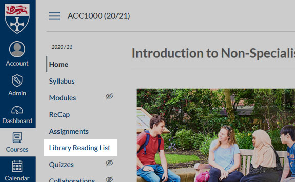 Screen shot of Canvas menu showing the Library Reading List link.